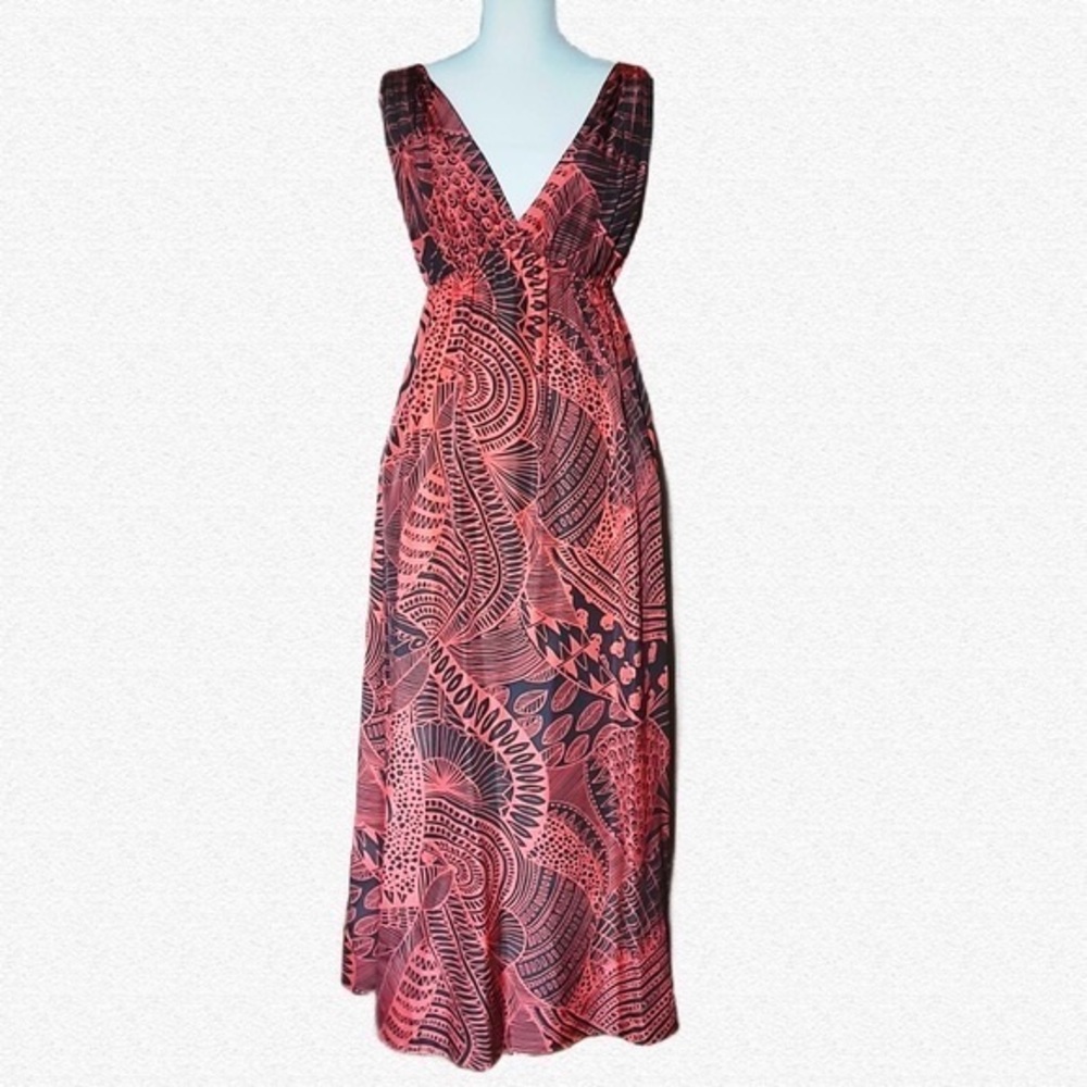 PIPER Silk Maxi Dress, Mandala Print, Melon & Gray Colours - Picture 1 of 7